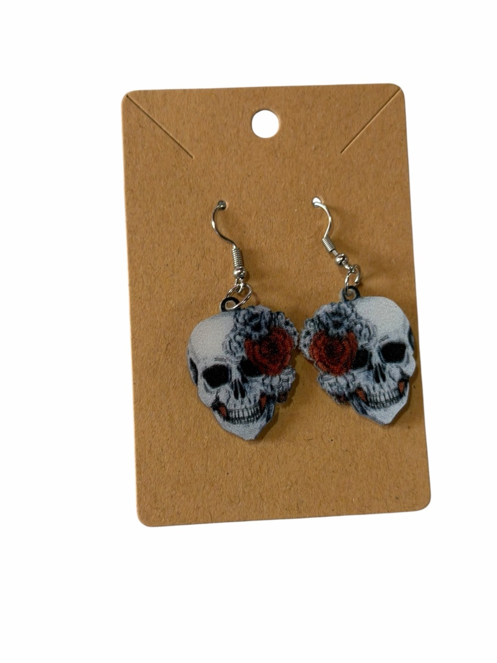 Skull & Rose Dangle Earrings - Red and Gray